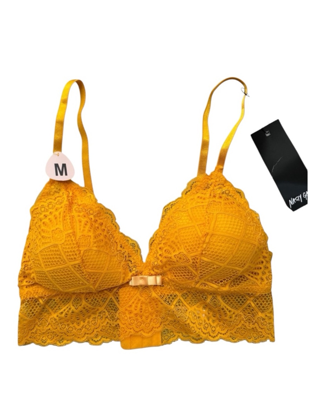 Nasty Gal Set, Mustard Lace Bralette and panty set with Bow Accent